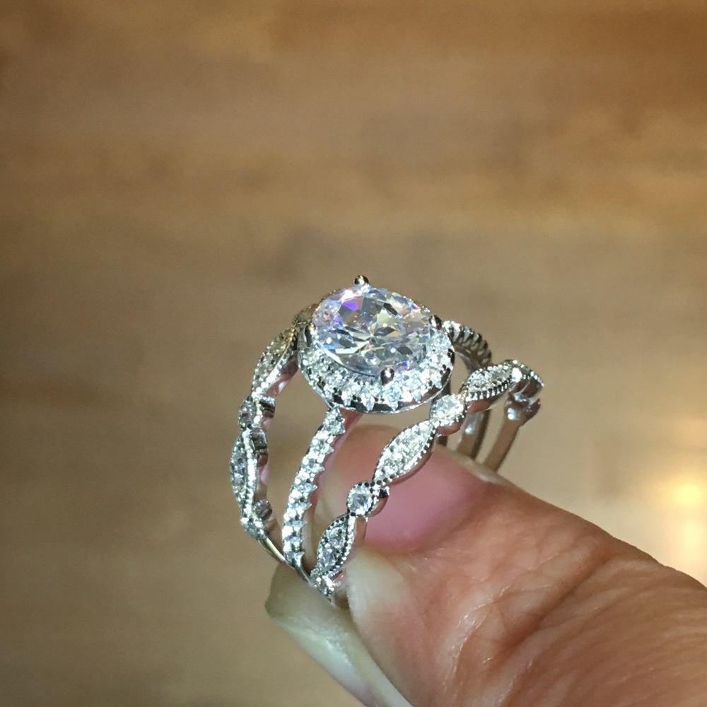 3pcs Solid Silver Engagement Ring Wedding Band Set - Picture 3 of 6